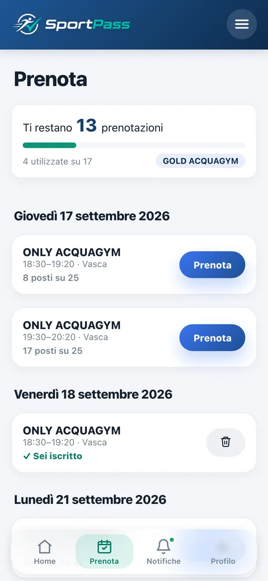 App SportPass dei soci: prenotazione dei corsi di acquagym