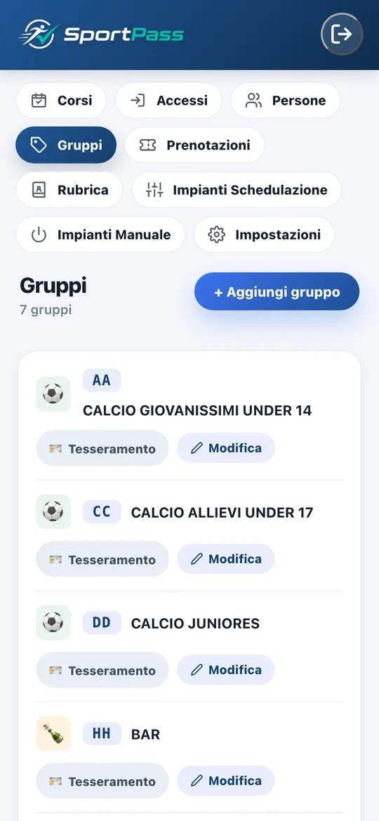 Pannello SportPass: gruppi e squadre del controllo accessi