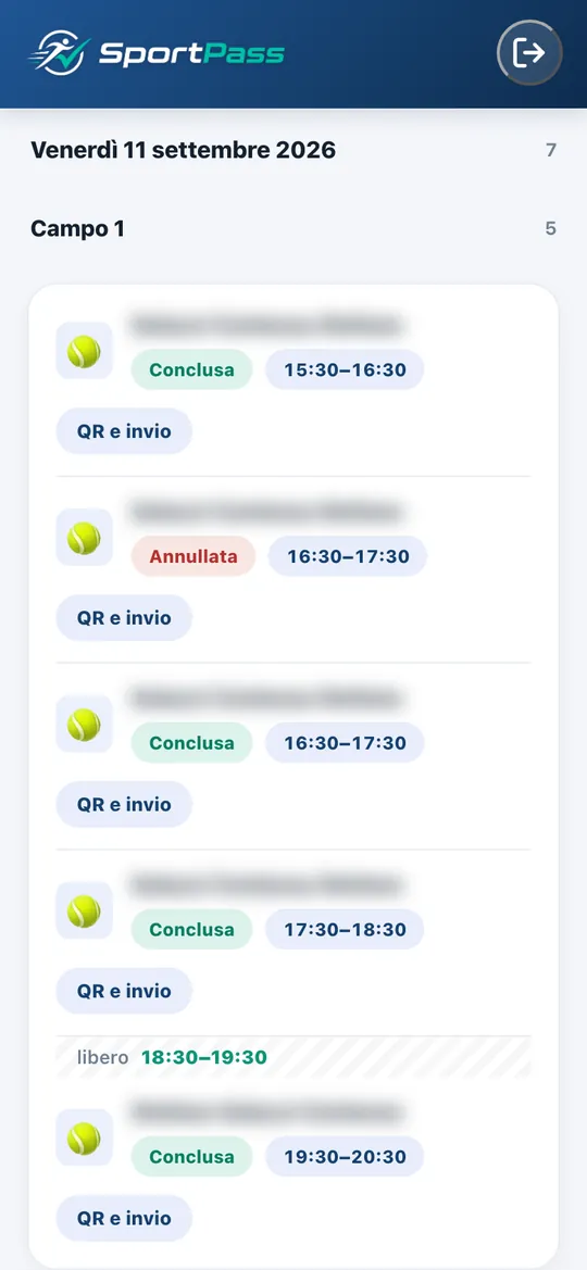 Pannello SportPass: prenotazioni del giorno per campo con orari liberi, nomi dei clienti oscurati